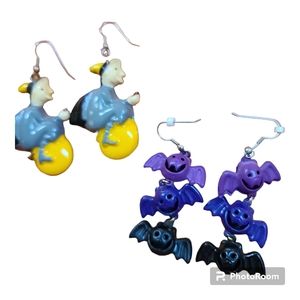 Halloween Witch & Bat Earrings | Pierced, 2" Tall